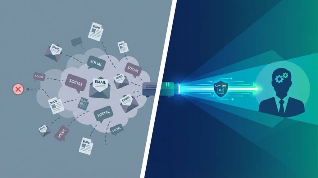 Split illustration contrasting scattered unfocused B2B content marketing on the left with a precise, ICP-targeted content strategy on the right