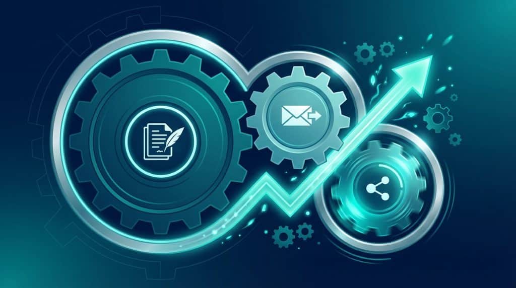 A flywheel illustration showing three content types working together: monthly long-form articles, weekly newsletters, and frequent LinkedIn posts, driving compounding B2B pipeline growth
