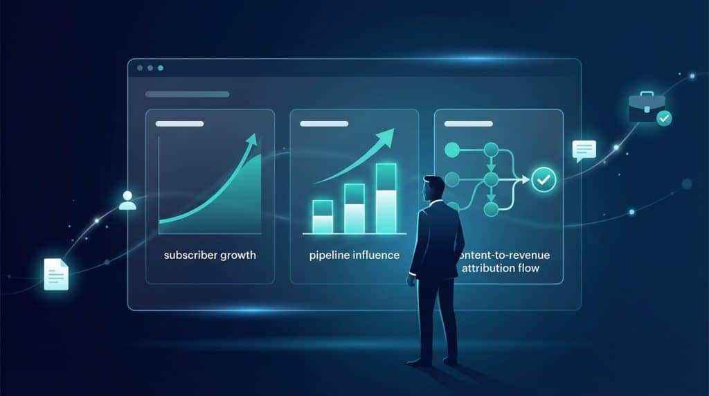 A CEO reviewing B2B content marketing ROI on a dashboard showing subscriber growth, pipeline attribution, and content-influenced revenue metrics