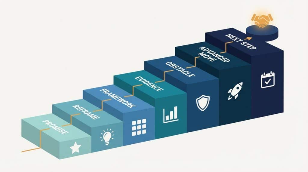 Seven-step B2B educational email course framework illustrated as a staircase: Promise, Reframe, Framework, Evidence, Obstacle, Advanced Move, Next Step