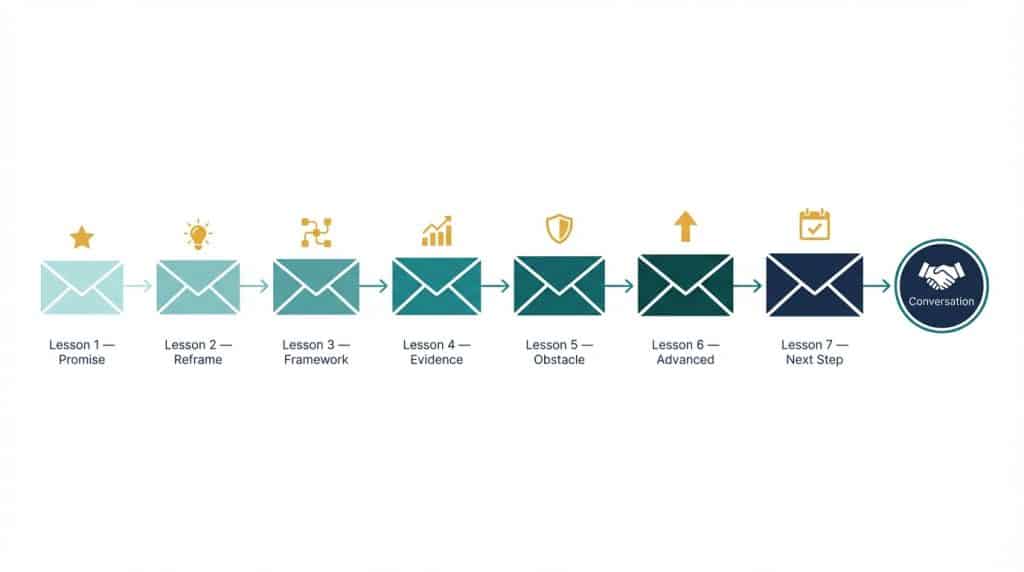 Flow diagram of a B2B educational email course showing seven lessons connected by arrows, ending in a booked sales conversation