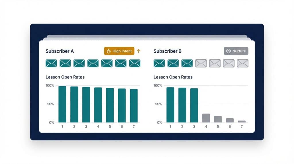 B2B educational email course dashboard showing email completion rates used to identify and score high-intent leads for sales follow-up