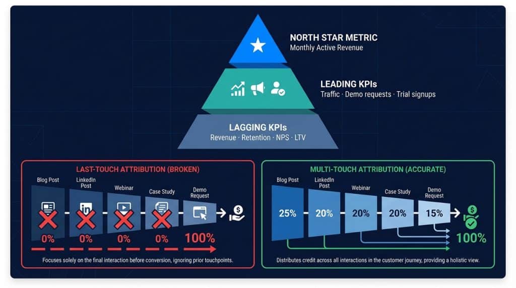 B2B growth marketing measurement framework showing North Star metric, leading KPIs, lagging KPIs, and multi-touch attribution