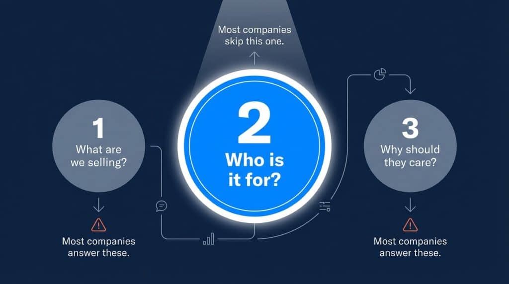 Three foundational B2B growth marketing questions: What are we selling, Who is it for, Why should they care
