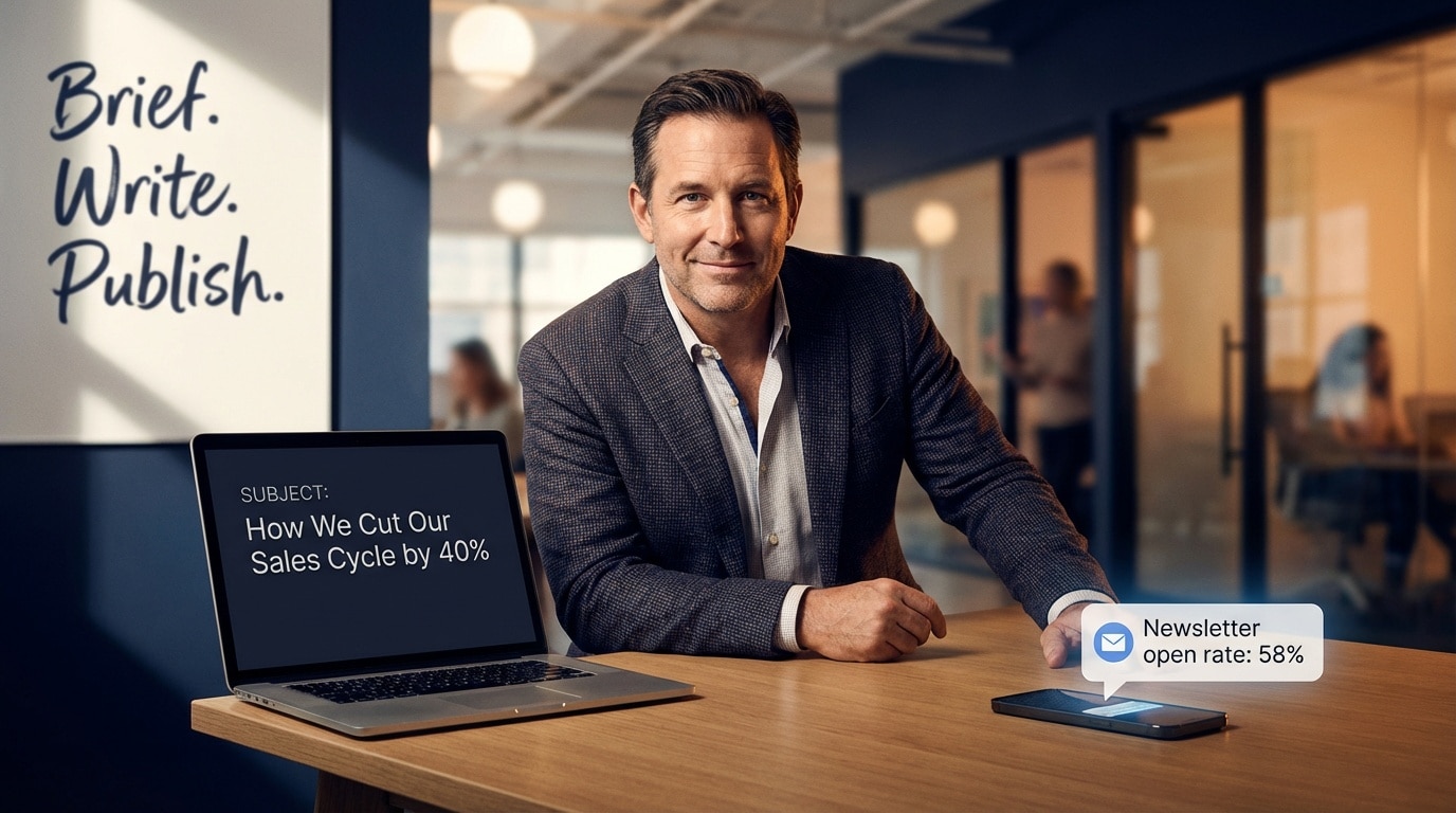 B2B tech founder at desk with newsletter analytics showing high open rates and a whiteboard displaying the ghostwriting workflow — Brief, Write, Publish