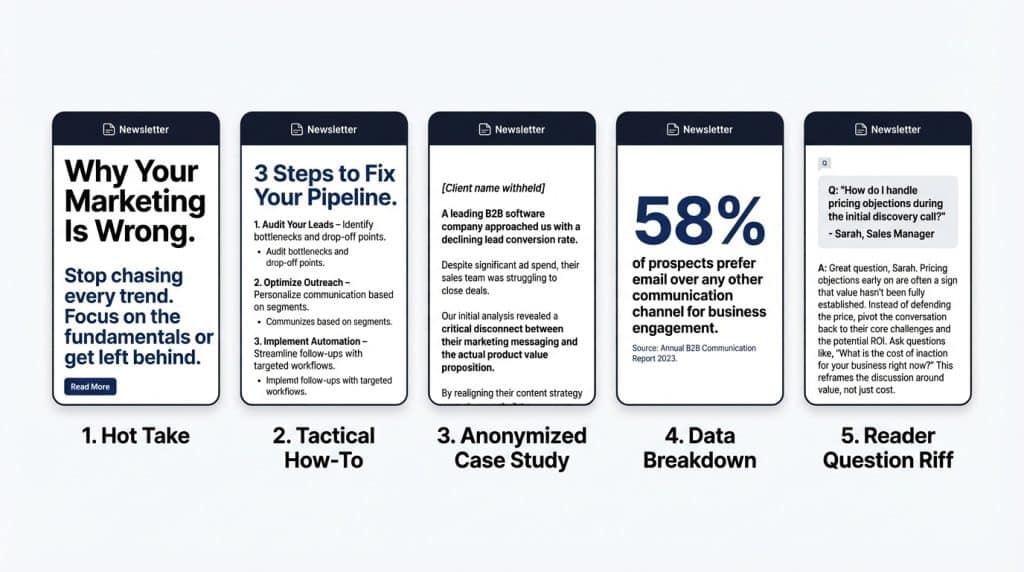 Five B2B newsletter format examples — hot take, tactical how-to, anonymized case study, data breakdown, and reader question — displayed as email mockups