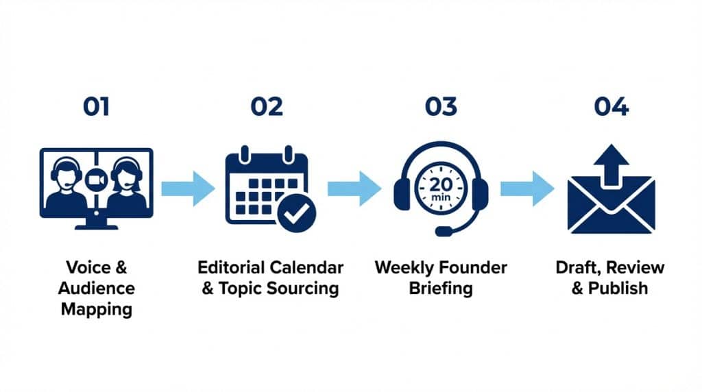 Four-step process diagram showing how B2B newsletter ghostwriting works — from voice mapping and editorial planning to weekly briefing and published newsletter