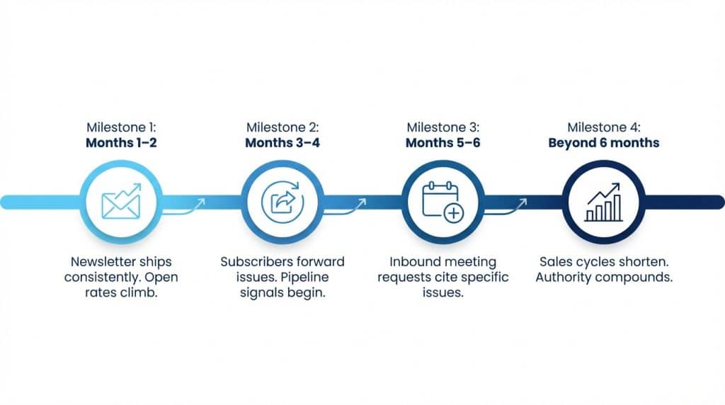 Horizontal timeline infographic showing B2B newsletter ghostwriting results by month — from consistent publishing in months 1–2 through compounding pipeline and shortened sales cycles beyond month 6
