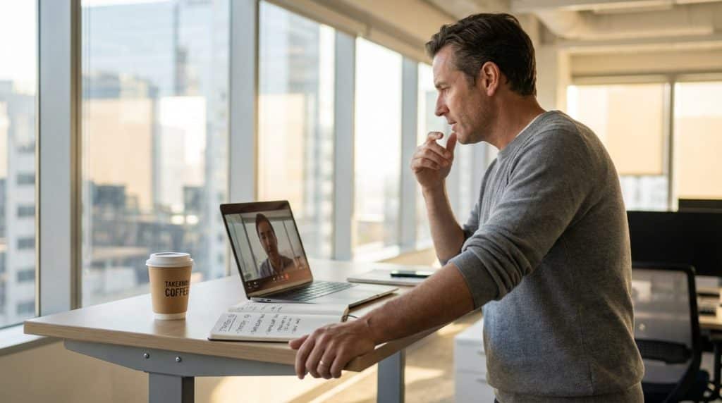 B2B tech founder on a 20-minute weekly briefing call with their newsletter ghostwriter, speaking from notes at a standing desk in a modern office