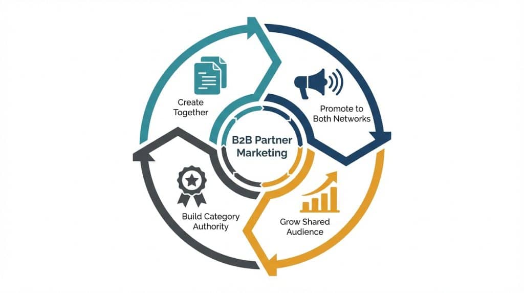 Circular flywheel diagram showing how B2B partner marketing builds category authority through a repeating cycle of content creation, partner promotion, audience growth, and category credibility.