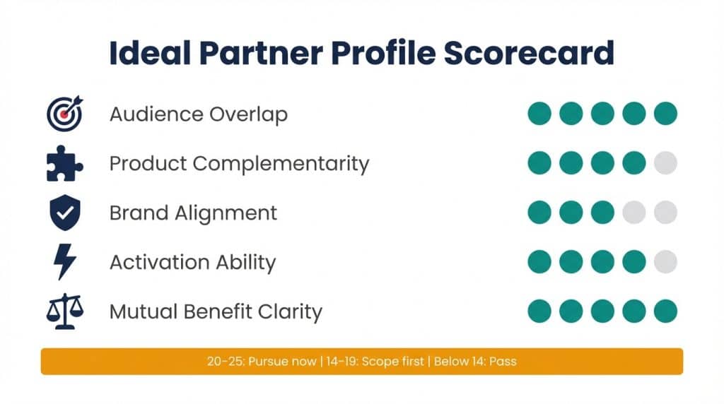 Visual scorecard for evaluating B2B partner marketing candidates across five criteria: audience overlap, product complementarity, brand alignment, activation ability, and mutual benefit clarity.