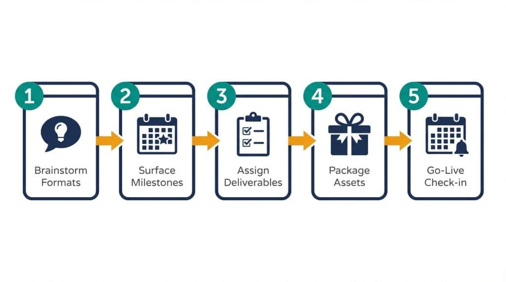 Five-step process diagram for the B2B partner marketing prep call framework: brainstorm formats, surface milestones, set deliverables, package assets, schedule go-live check-in.