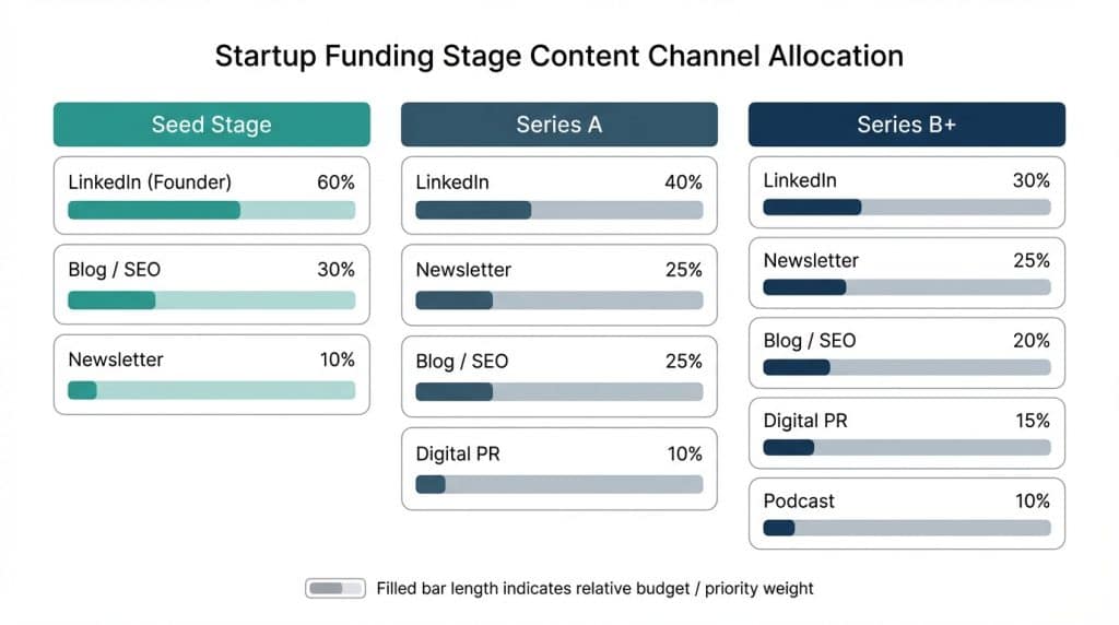 Content mix comparison chart showing the recommended content channels and budget allocation for B2B SaaS startups at Seed, Series A, and Series B funding stages