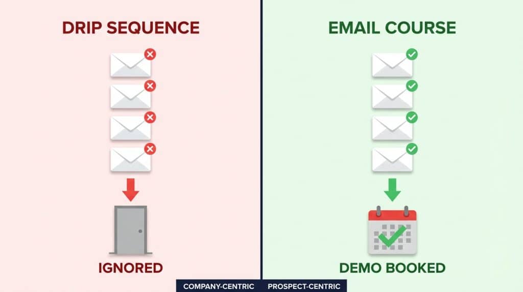Side-by-side comparison showing a company-centric drip sequence ending in a closed door versus a prospect-centric educational email course ending in a booked demo