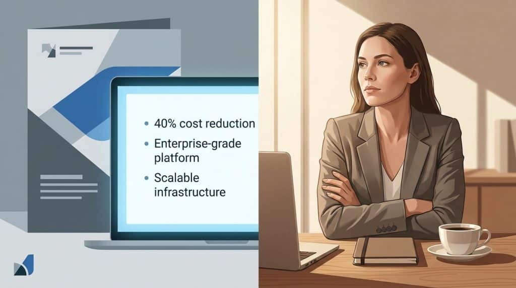 B2B buyer reading vendor content that leads with product features instead of buyer experience