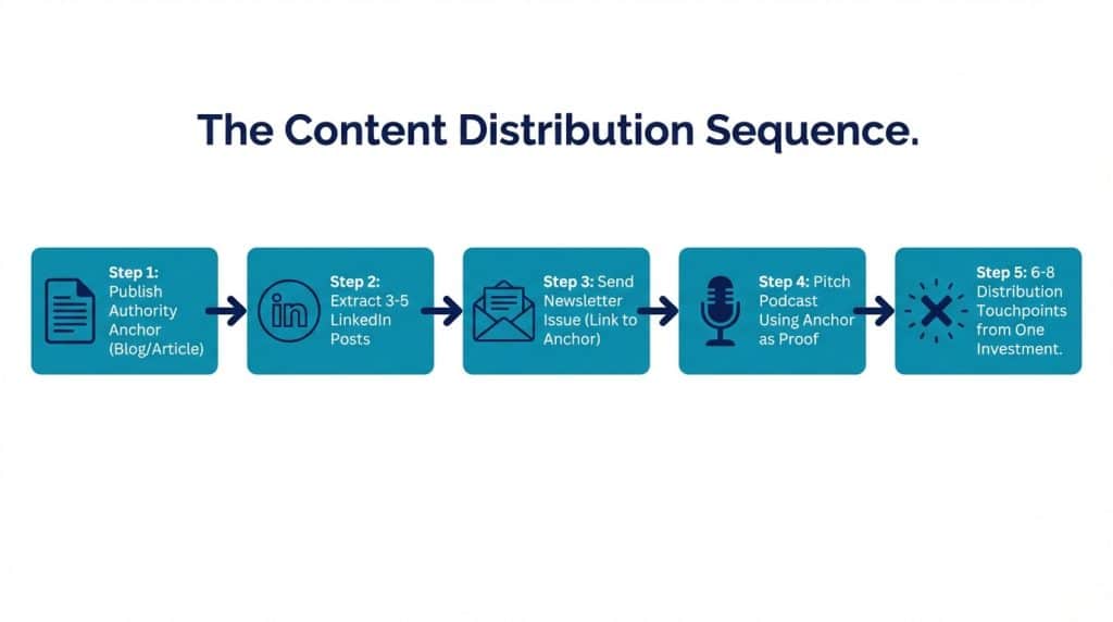 Flow diagram showing the CEO content distribution sequence from authority anchor through LinkedIn posts, newsletter, and podcast to generate 6-8 touchpoints per content investment