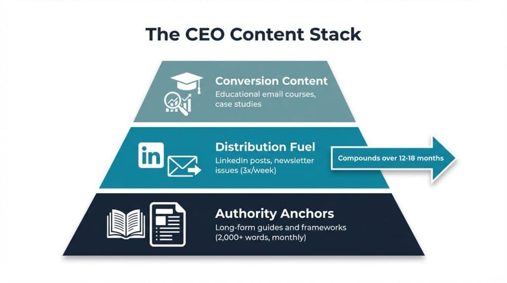 Three-tier pyramid diagram showing the CEO content stack: authority anchors at the base, distribution fuel in the middle, and conversion content at the top