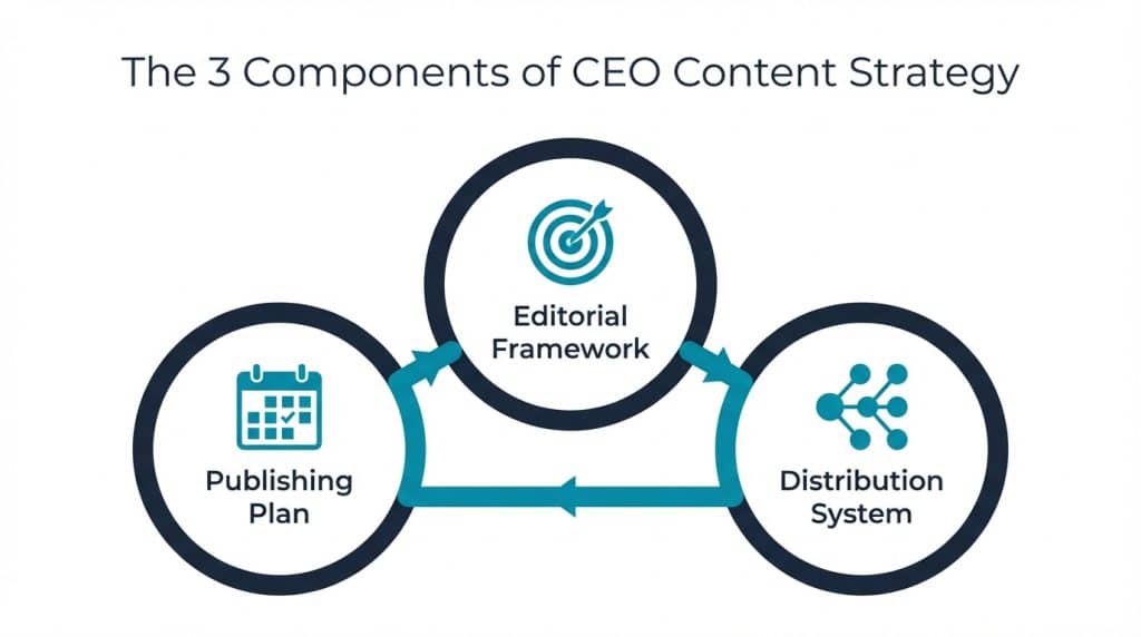 Diagram showing the three components of CEO content strategy: publishing plan, editorial framework, and distribution system