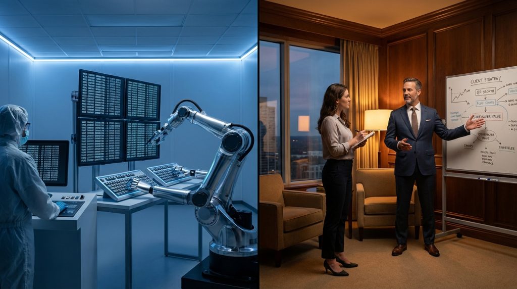 Split image comparing AI-generated content flood with authentic thought leadership ghostwriting for CEOs