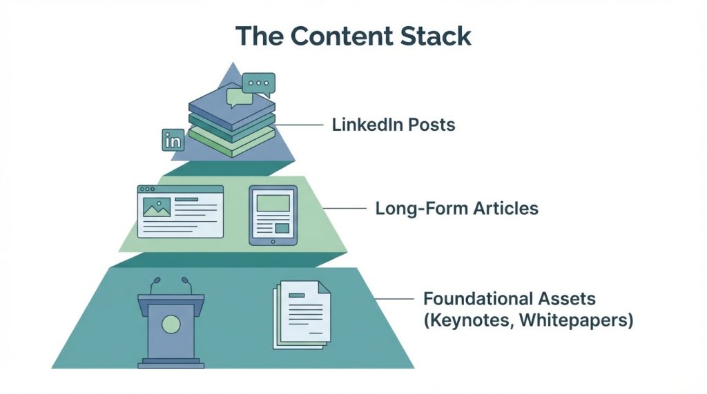 Content stack diagram showing thought leadership ghostwriting formats for CEOs from LinkedIn posts to keynotes