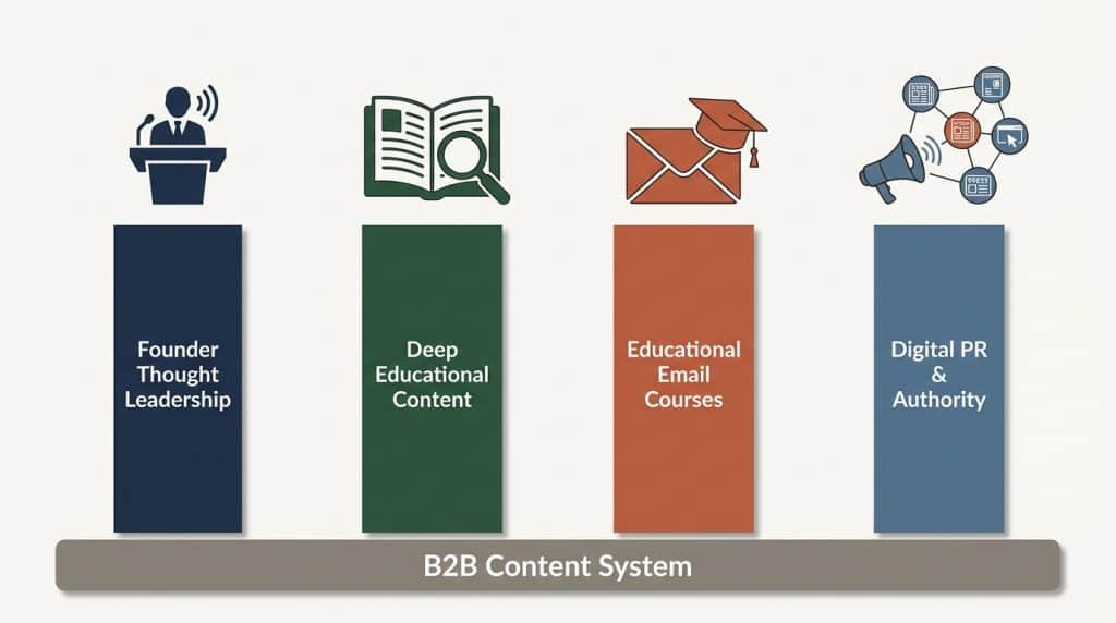 Infographic showing the four content marketing pillars for funded B2B startups: Founder Thought Leadership, Deep Educational Content, Educational Email Courses, and Digital PR and Authority Building