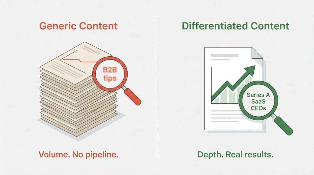 Split illustration contrasting generic undifferentiated content marketing with no pipeline results versus specific differentiated content marketing targeting Series A SaaS CEOs with measurable growth.