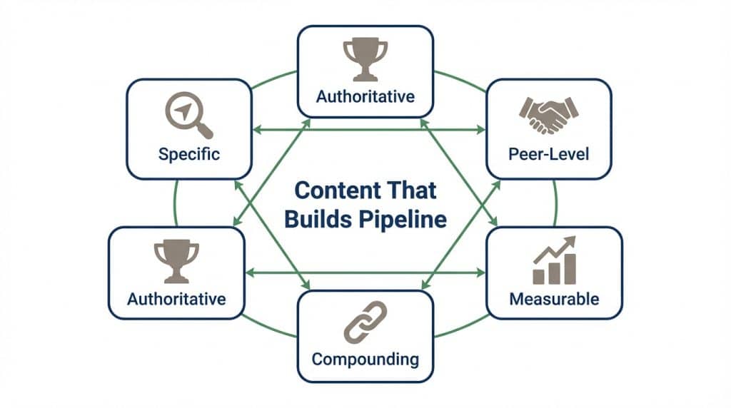 Diagram showing the five characteristics of effective content marketing for funded B2B startups: specific, authoritative, compounding, measurable, and peer-level positioning, all connected in a unified content system.