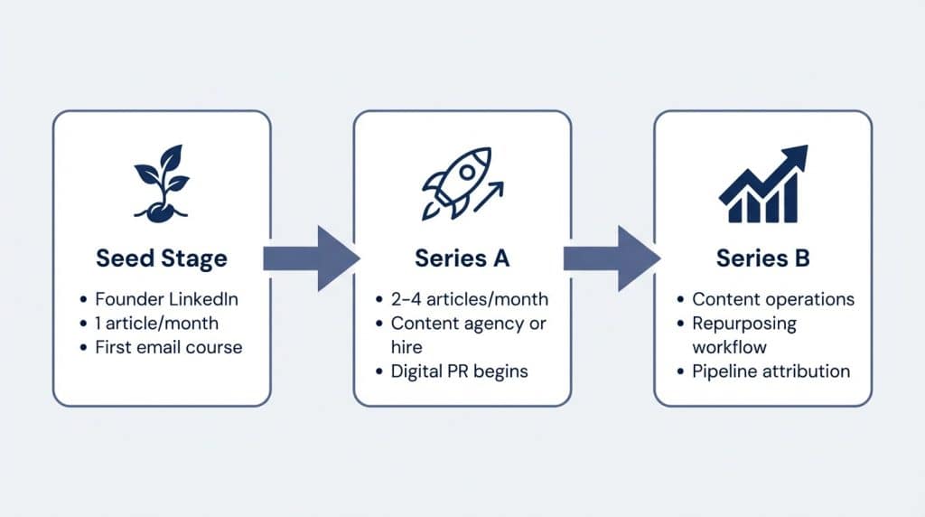 Timeline diagram showing content marketing strategy at each funding stage for B2B startups: Seed Stage focuses on founder voice, Series A builds the content system, and Series B operationalises and amplifies.