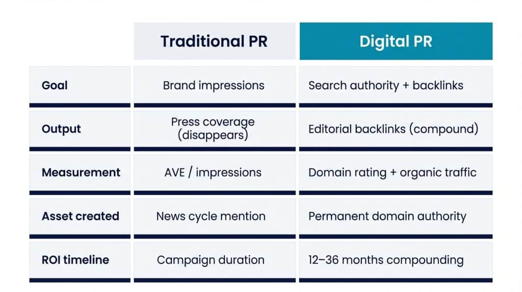 Two-column comparison table showing how digital PR differs from traditional PR for B2B tech startups across goals, outputs, measurement, and ROI timeline