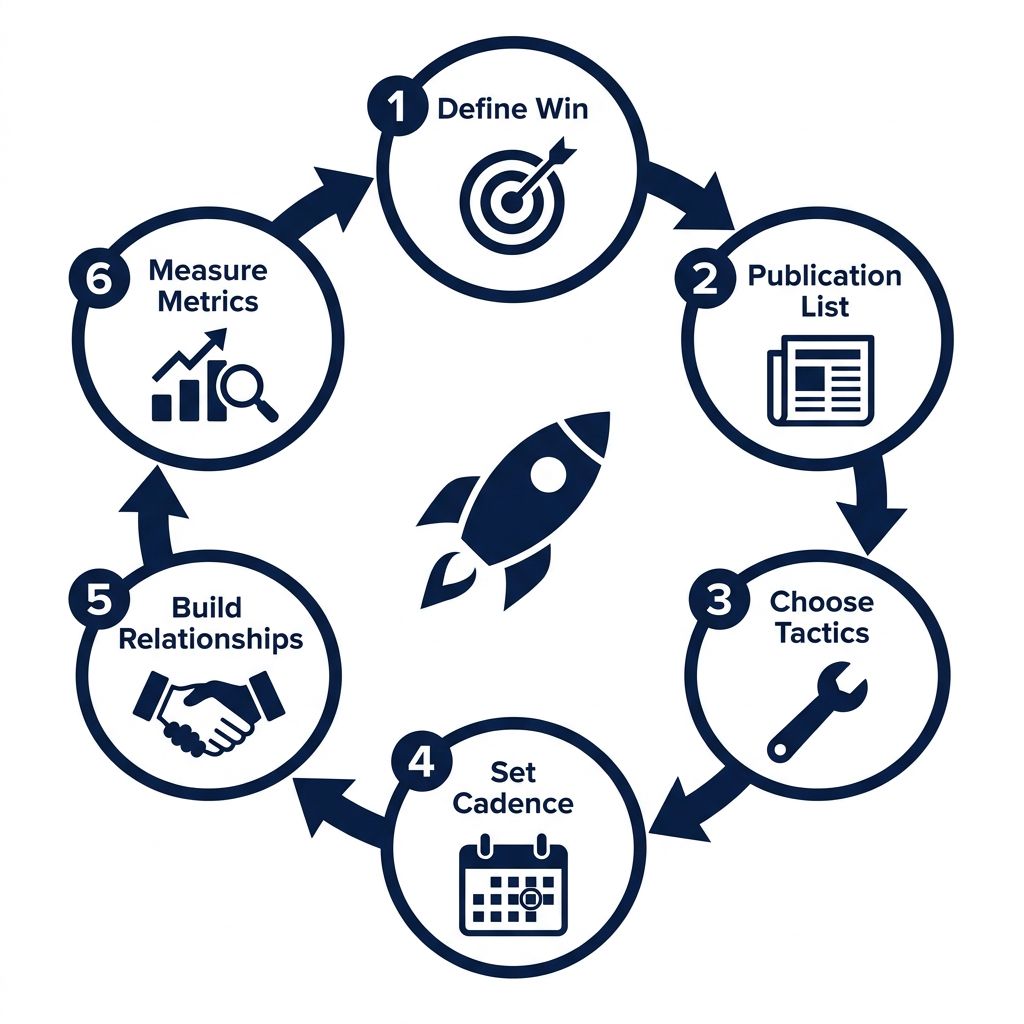 A six-step circular framework diagram showing how B2B tech startups build a digital PR strategy from stage definition through measurement