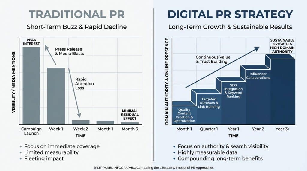 Side-by-side visual comparison of digital PR strategy versus traditional PR outcomes for B2B tech startups, showing compounding backlinks versus fading impressions