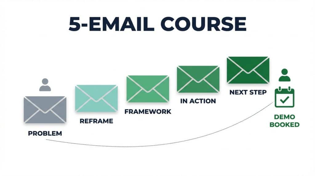 Five progressive email lessons building trust before a B2B SaaS demo, shown as a color-graduated sequence ending in a booked meeting