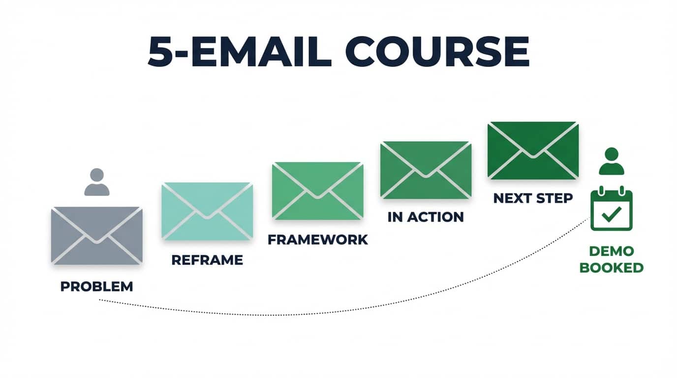 Educational Email Course for B2B SaaS - Five progressive email lessons building trust before a B2B SaaS demo, shown as a color-graduated sequence ending in a booked meeting