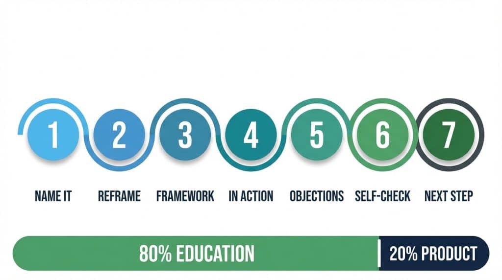 Seven-step visual framework for a B2B SaaS educational email course progressing from naming the problem through to a booked demo, with an 80/20 education-to-product ratio bar
