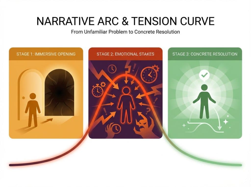 Three-stage experiential storytelling framework: immersive opening, emotional stakes, concrete resolution