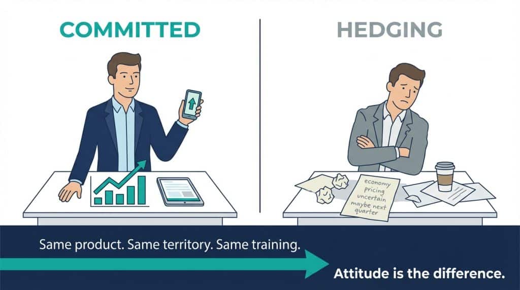 Split illustration showing a committed salesperson owning their results on the left versus a hedging salesperson making excuses on the right, representing the Attitude variable in the RACE equation