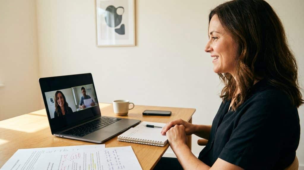 A founder speaking on a video call with notes being taken, representing the content extraction process used in executive ghostwriting and thought leadership production