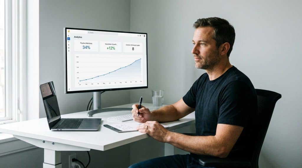 A B2B founder reviewing thought leadership performance metrics on a clean analytics dashboard showing pipeline mentions, audience growth, and content-attributed leads