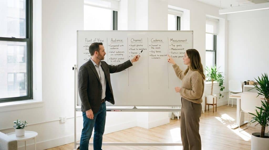 A B2B founder and content strategist working together at a whiteboard mapping out the five components of a thought leadership strategy including POV, audience, channel, cadence and measurement