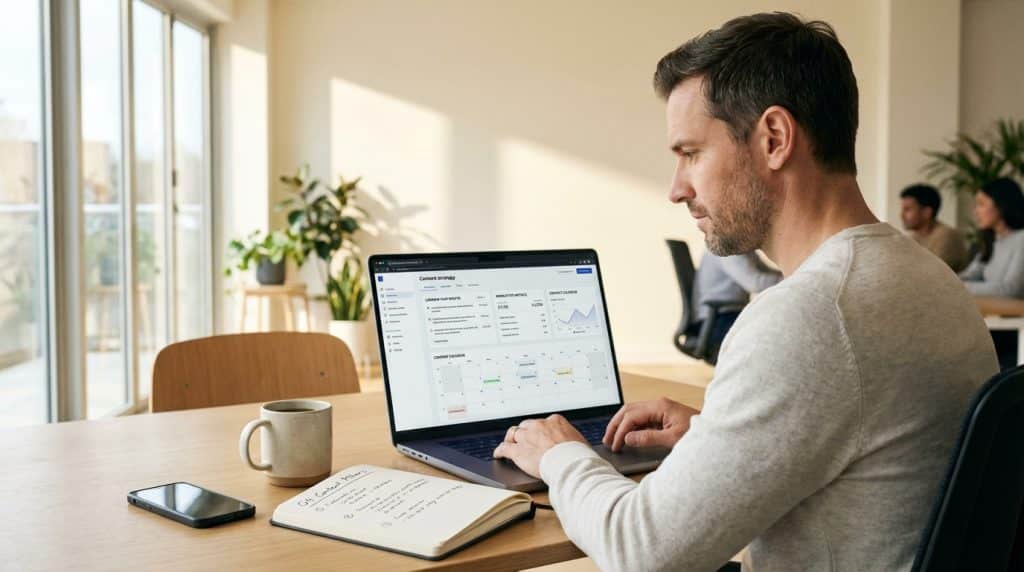 B2B tech founder reviewing thought leadership content strategy on a laptop at a clean modern desk