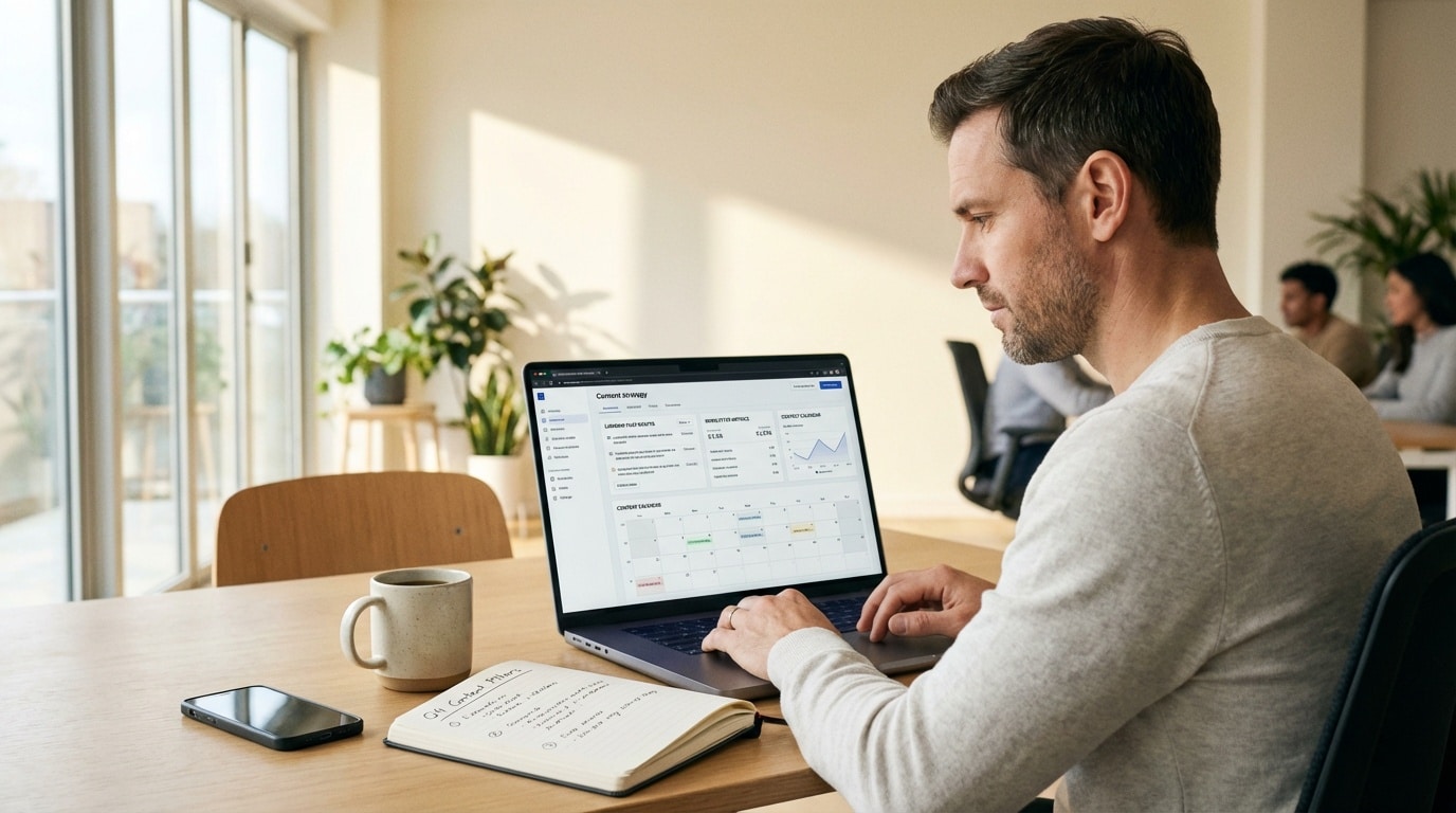 B2B tech founder reviewing thought leadership content strategy on a laptop at a clean modern desk
