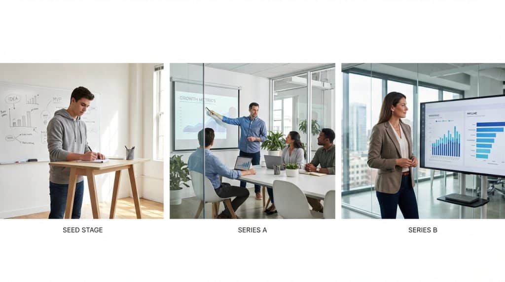 Three founders at different funding stages — seed, Series A, Series B — representing how thought leadership strategy evolves with company growth