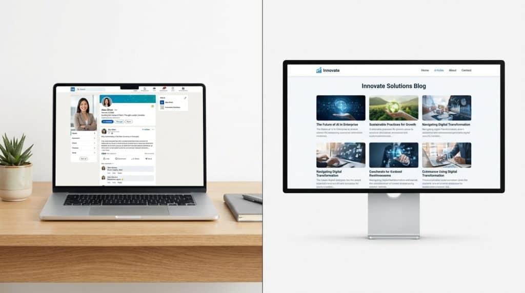Side-by-side comparison showing a personal founder brand profile on the left and a company blog on the right, illustrating the difference between thought leadership and content marketing