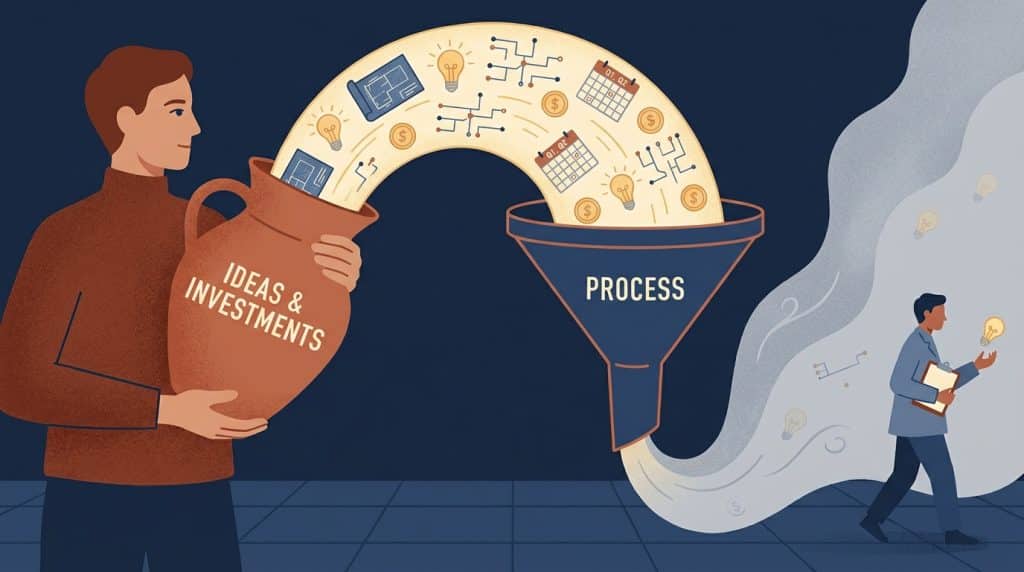 An editorial illustration of a founder pouring blueprints and knowledge from a vessel into a funnel, while the output exits the other side and walks out the door uncaptured