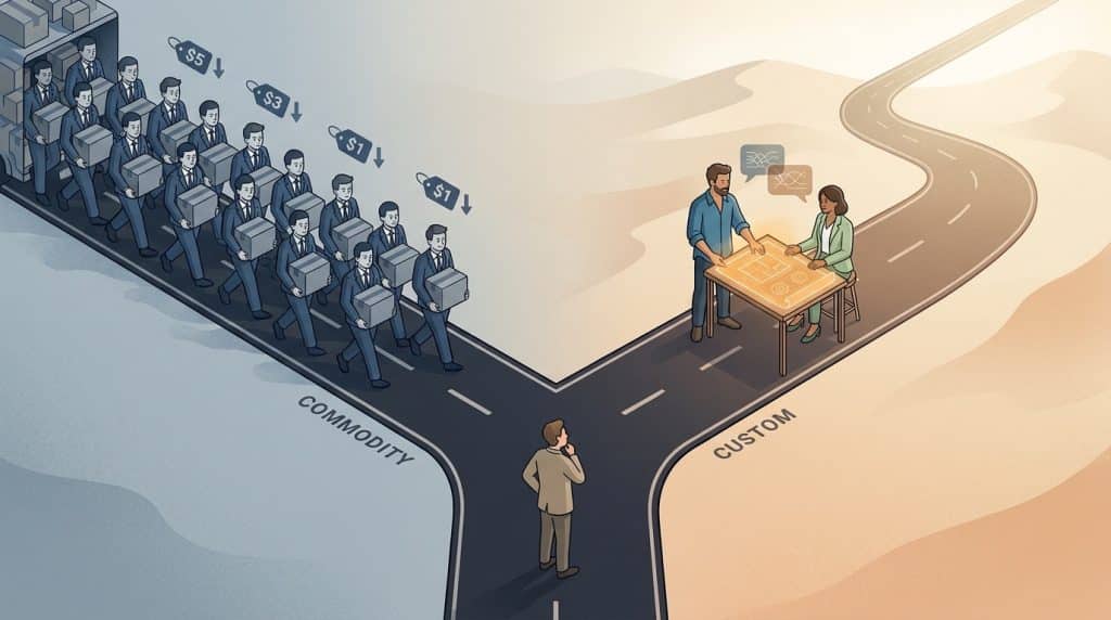 An editorial illustration of a road splitting into two distinct paths, one narrow and crowded with similar-looking figures racing downhill on price, the other wider and quieter with a single figure and client in conversation