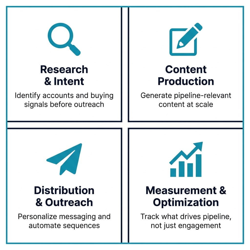 Two-by-two grid showing four categories of AI tools for B2B marketing: Research and Intent, Content Production, Distribution and Outreach, and Measurement and Optimization