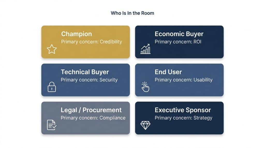 B2B buying committee stakeholder map showing six roles, primary concerns, and content that moves each decision-maker