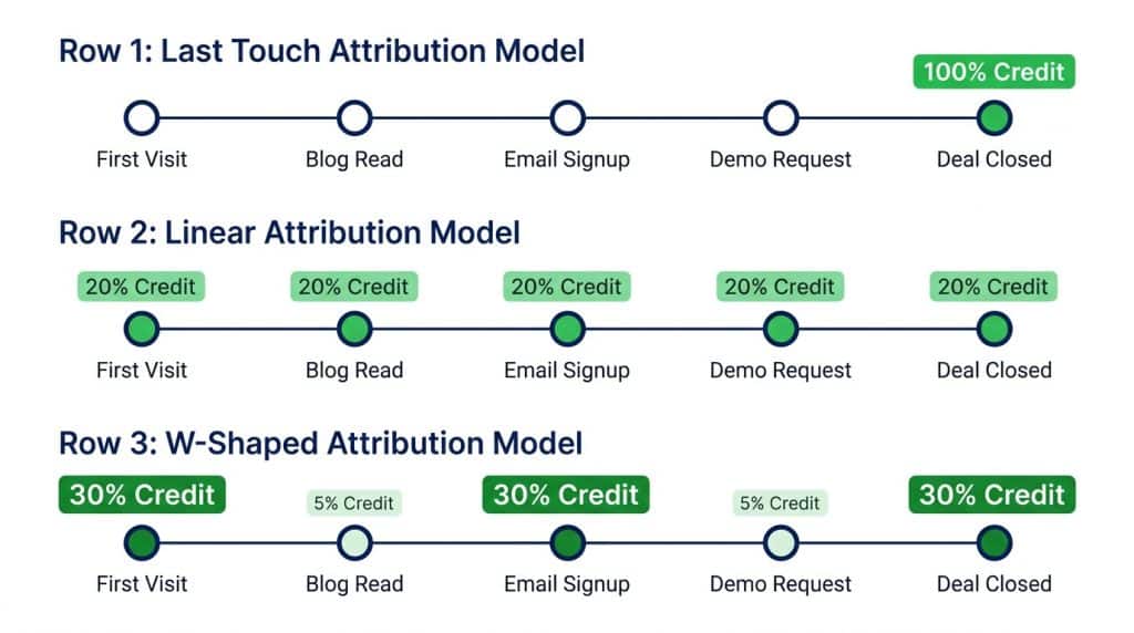 Comparison diagram of B2B content attribution models showing credit distribution across customer journey touchpoints for last-touch, linear, and W-shaped models