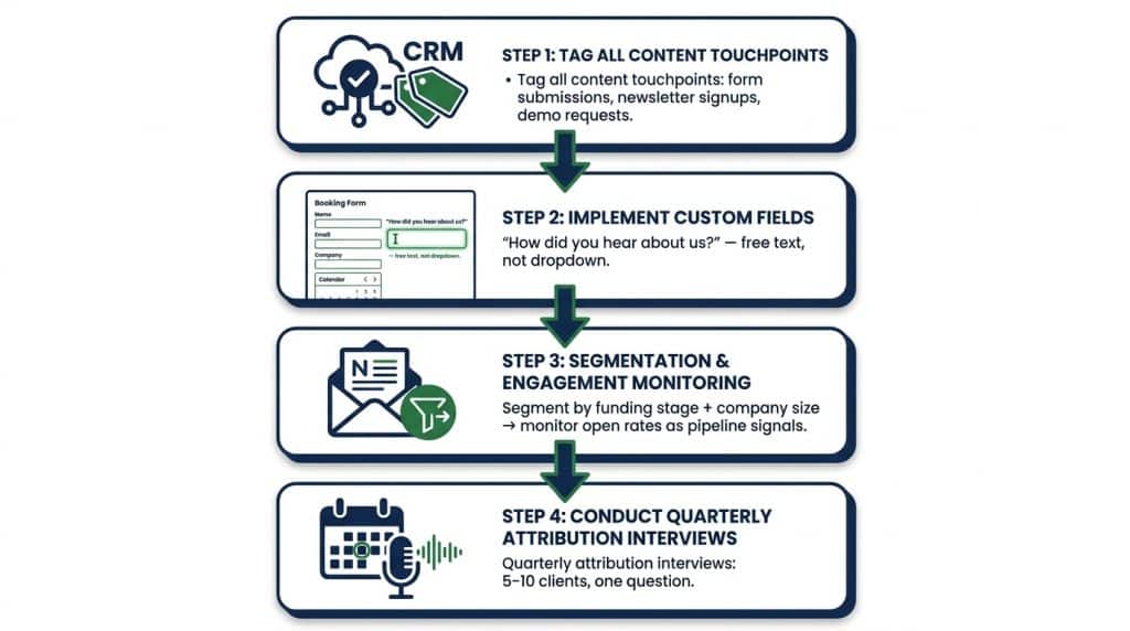 Step-by-step flowchart showing how to build a B2B content attribution system: CRM tagging, booking form field, newsletter segmentation, and quarterly interviews