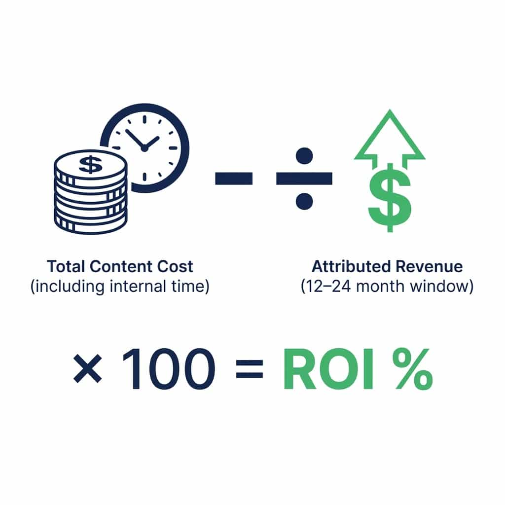 Clean diagram showing the B2B content marketing ROI formula: attributed revenue minus total cost divided by total cost multiplied by 100